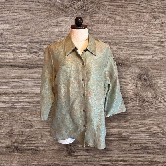 Sigrid Olsen Linen Silk Blend Button Down Light Jacket Collared Teal Print - Picture 1 of 11